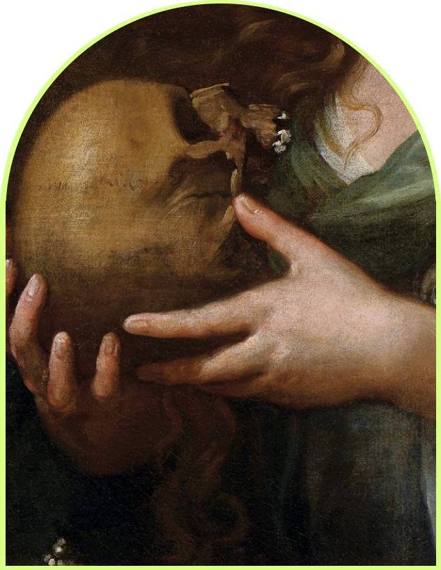 arched portrait of a woman's hands holding a skull